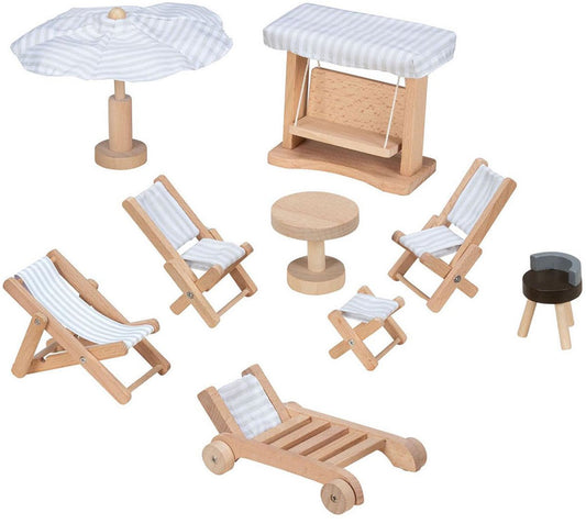 Goki dollhouse furniture: garden furniture, 9-piece, swing h10.5cm, wood and textile, 3+