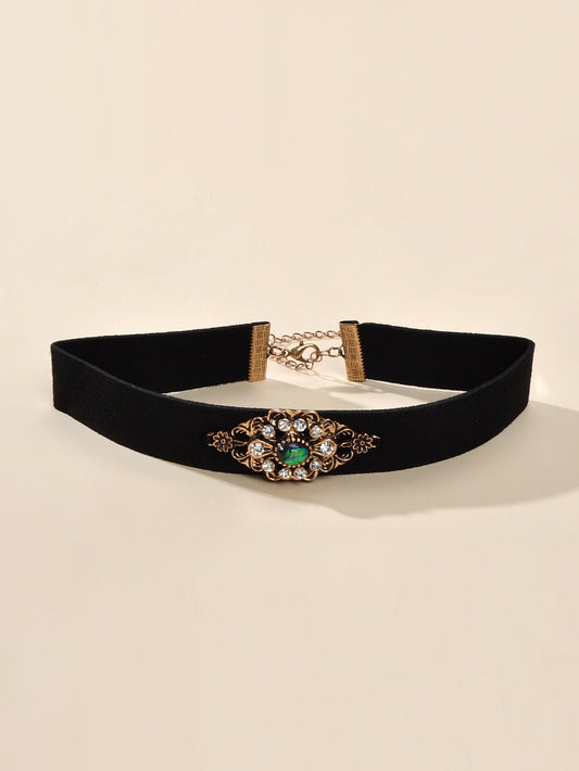 90s Retro Antique Gold Flower Black Velvet Tattoos Choker Necklace Gothic Collar