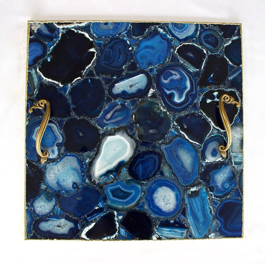 Blue Agate Serving Tray With Brass Handles | Square