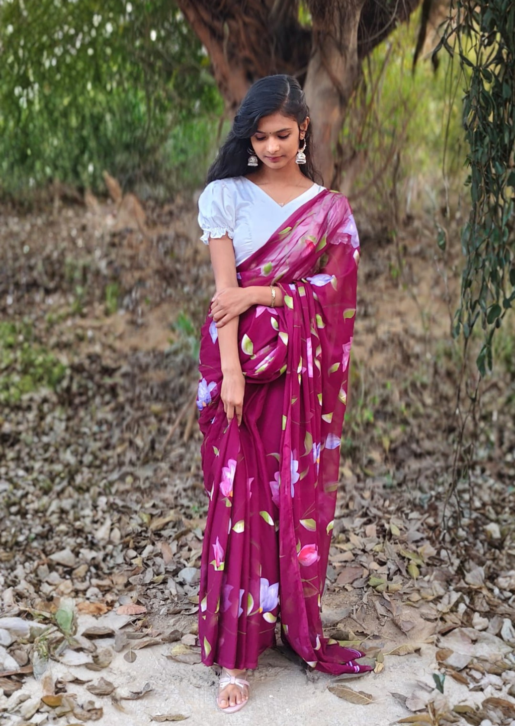 Rose Petal Pure Chiffon Handpainted Saree