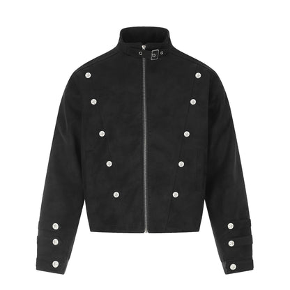 Faux Suede Metal Button Stand Collar Cropped Motorcycle Jacket for Unisex