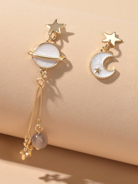 Stunning Gold Chain White Moon Planet Star Charm Stud Drop Asymmetric Earrings