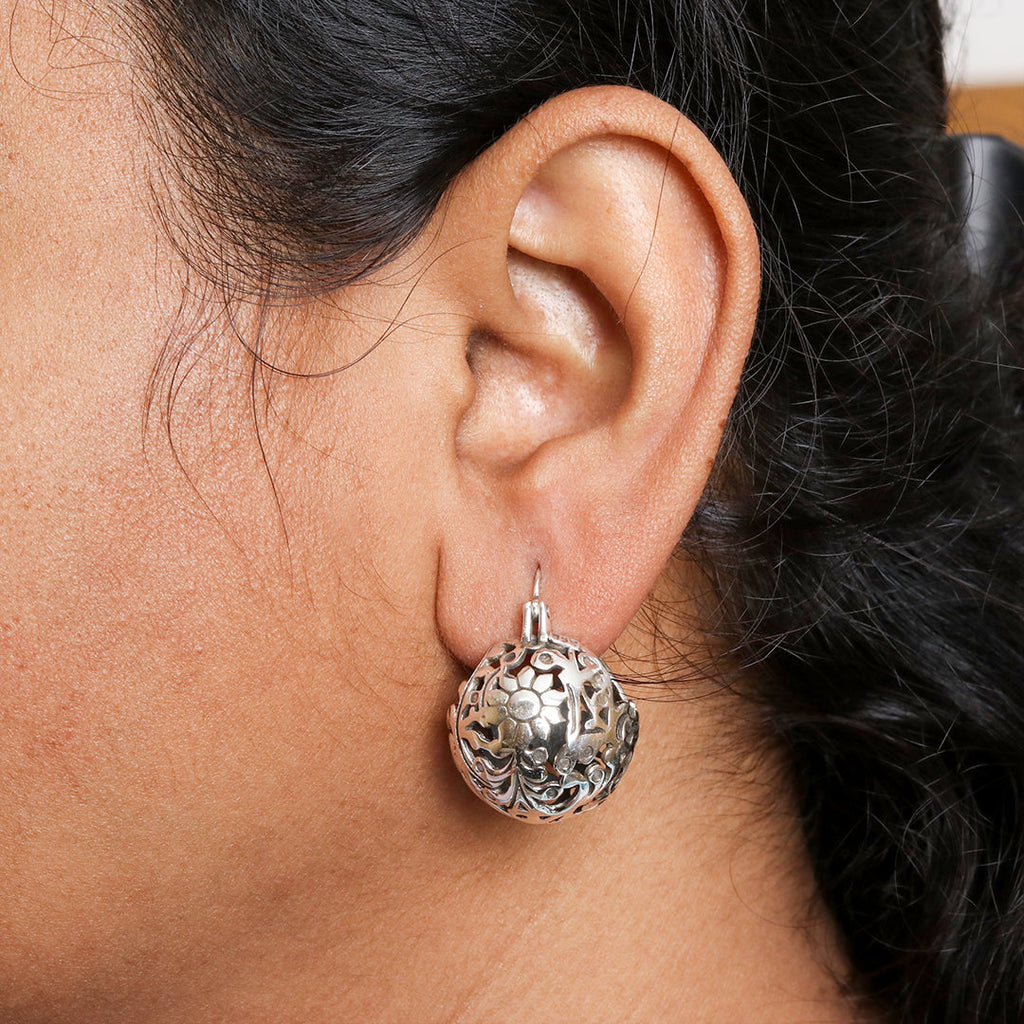 Nature-Inspired Cutwork Silver Hoop Earrings