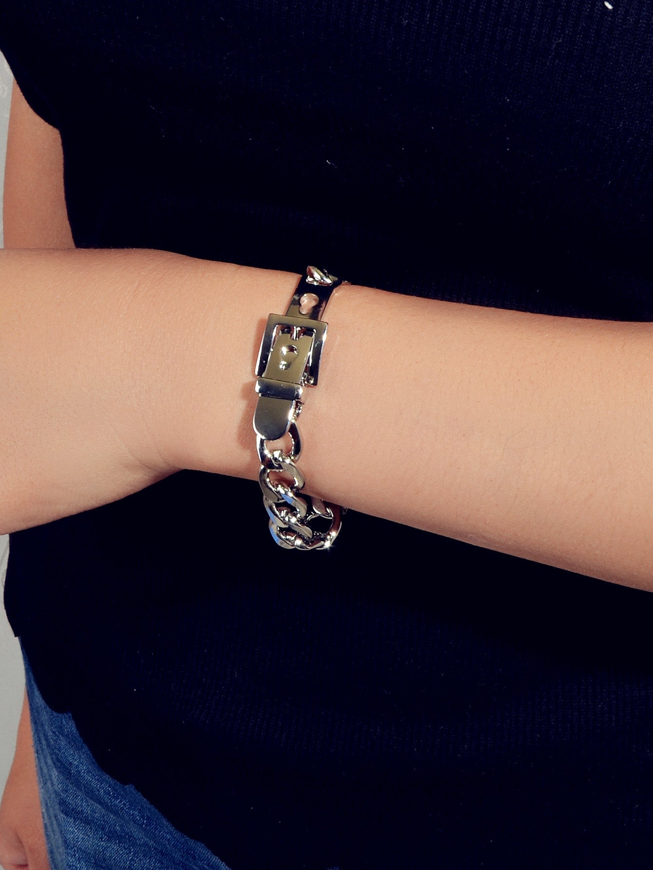 Punk Goth Hip Hop Style Silver Stainless Steel Thick Belt Shape Bracelet Gift