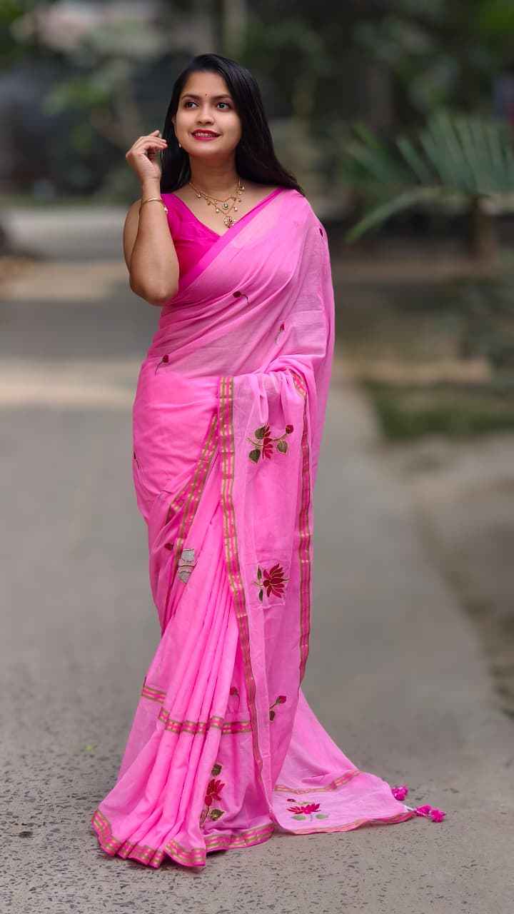 Blush Bloom Mul Cotton Embroidered Saree