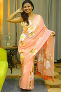 Peach Blossom Mull Cotton Handprint Saree