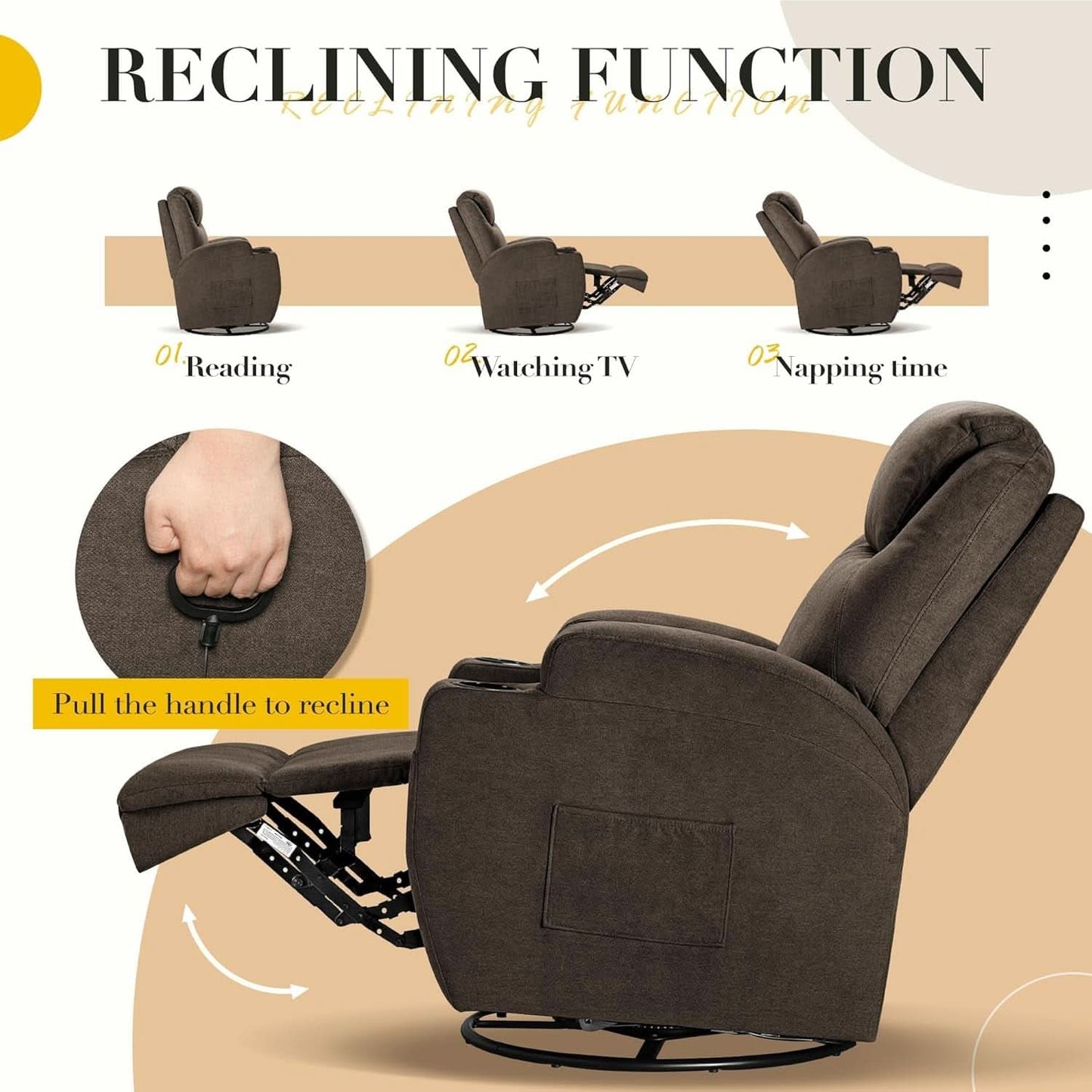 Brown Fabric Recliner Chair With 360 Swivel Massage