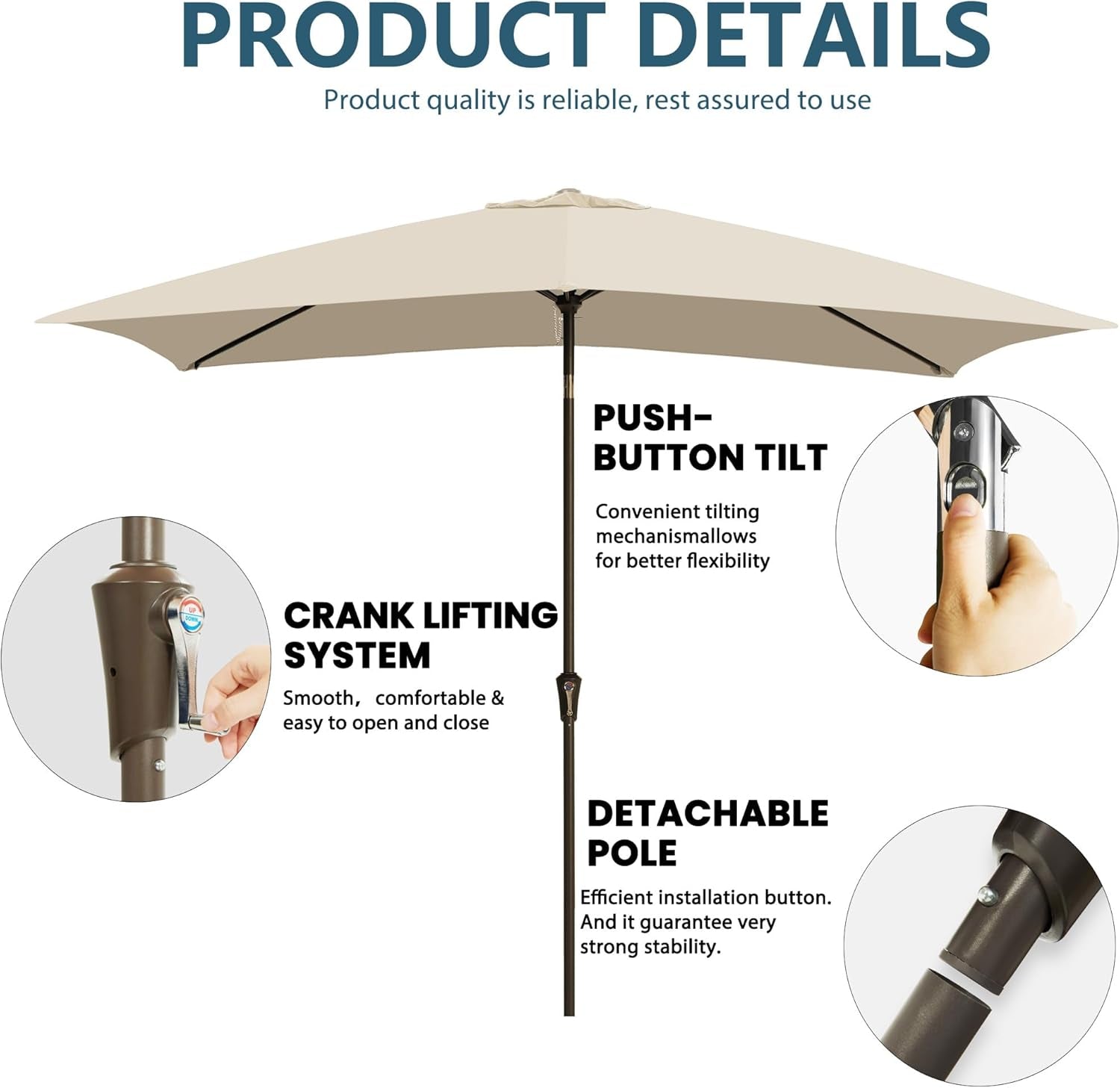 6.5x10Ft Rectangular Patio Umbrella Tilt Mechanism