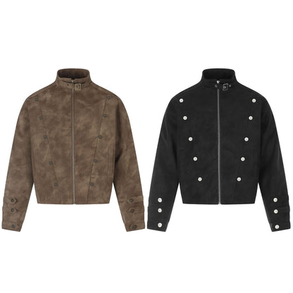Faux Suede Metal Button Stand Collar Cropped Motorcycle Jacket for Unisex