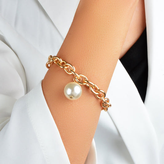 Punk Retro Pearl Beads Charm Crude Gold Link Bracelet Minimalist Ladies Jewelry