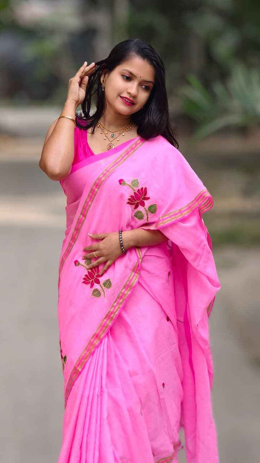 Blush Bloom Mul Cotton Embroidered Saree