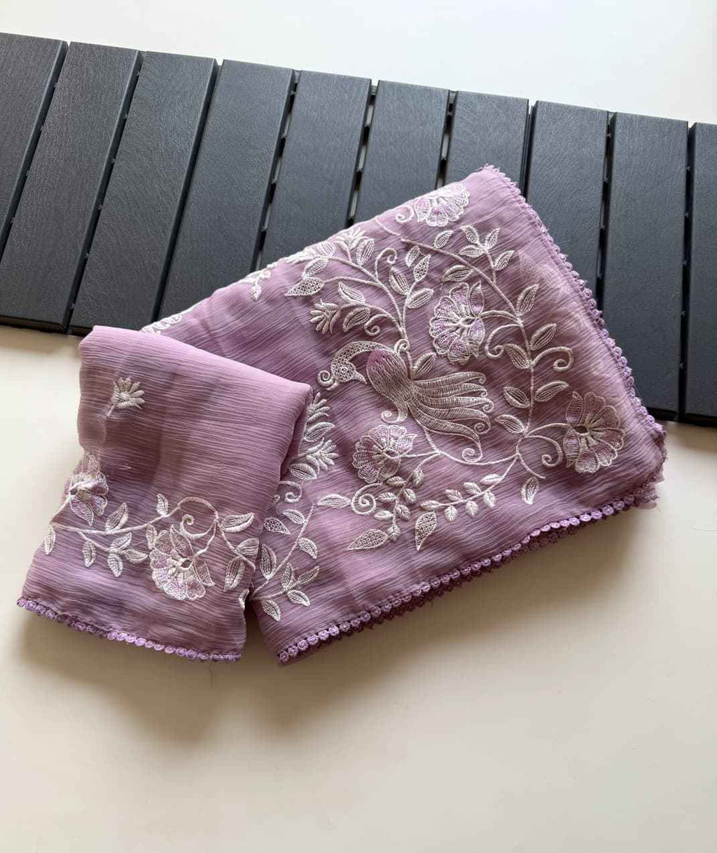 Lavender Noor Bird Embroidered Chiffon Saree