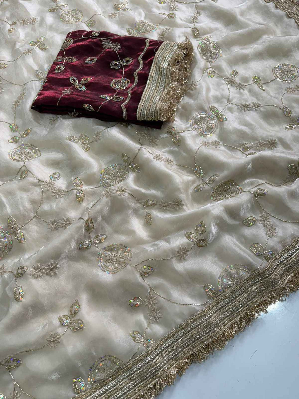 Madhubala Ivory Saree with Stitched Blouse