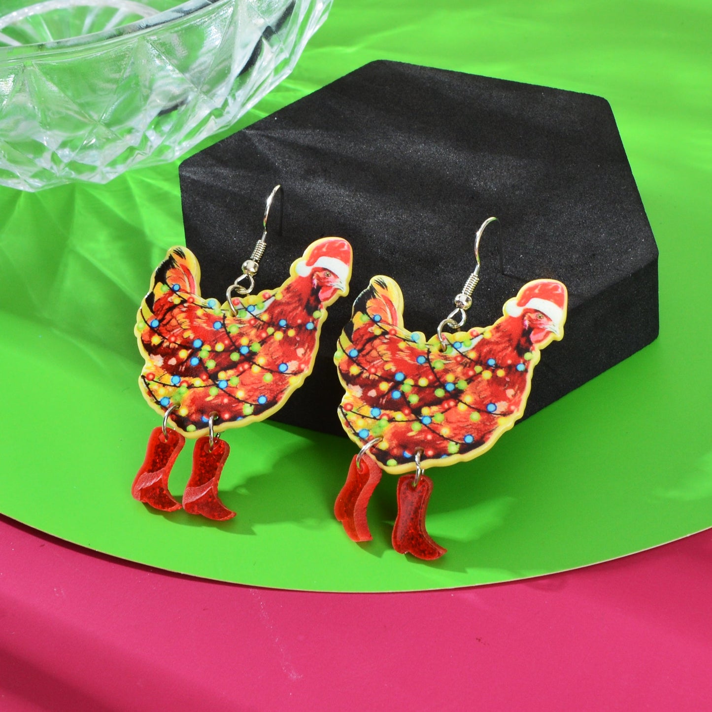 1pair Christmas Coloured Lights Decor Red Big Cock Acrylic Dangle Earrings Women Festival Jewelry