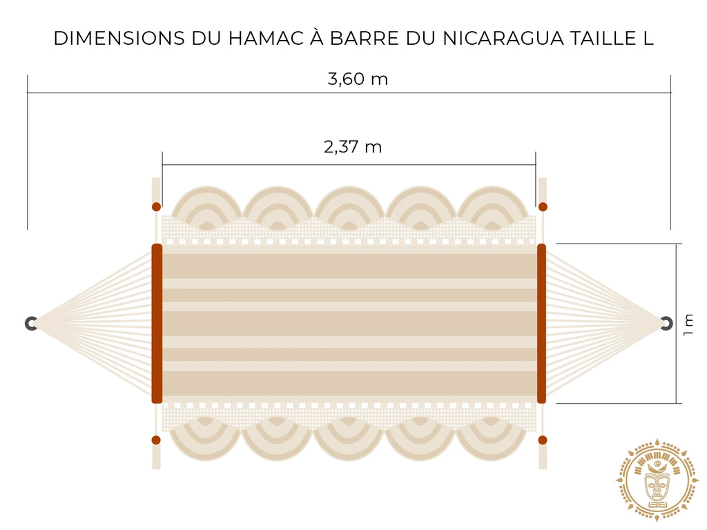 Dessin d'un hamac à barre du Nicaragua fait main L avec mesures détaillées plusieurs couleurs