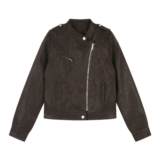 Faux Leather Asymmetric Zipper Stand Collar Cropped Loose Motorcycle Jacket
