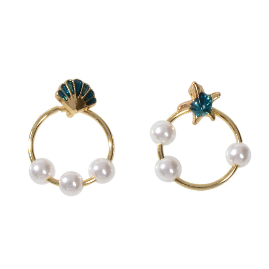 Fashion Jewellery Gold Circle Starfish Shell Asymmetric Stud Earrings Accessory