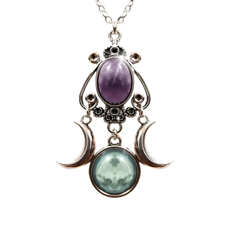 Charming Triple Moon Goddess Pendant Necklace (Purple)