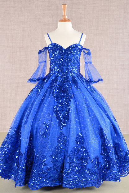 Glitter Sequin Embellished Mesh Kids Dress with Separate Mesh 3/4 Sleeves