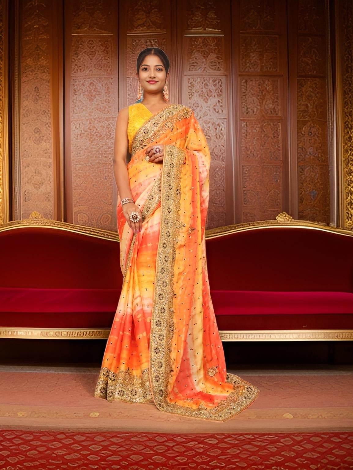 Designer Saree with Kundan & Cut Dana Work by Shreekama