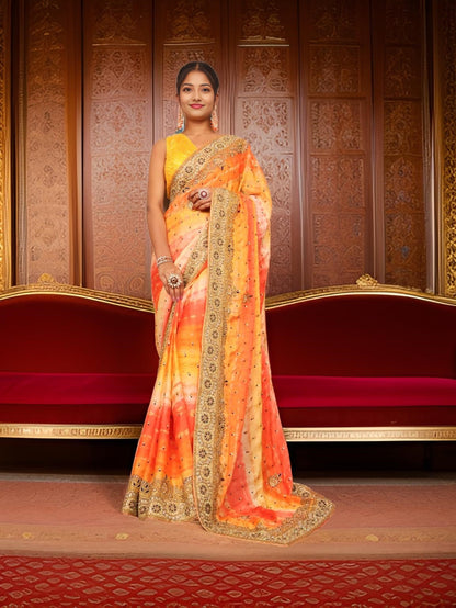 Designer Saree with Kundan & Cut Dana Work by Shreekama