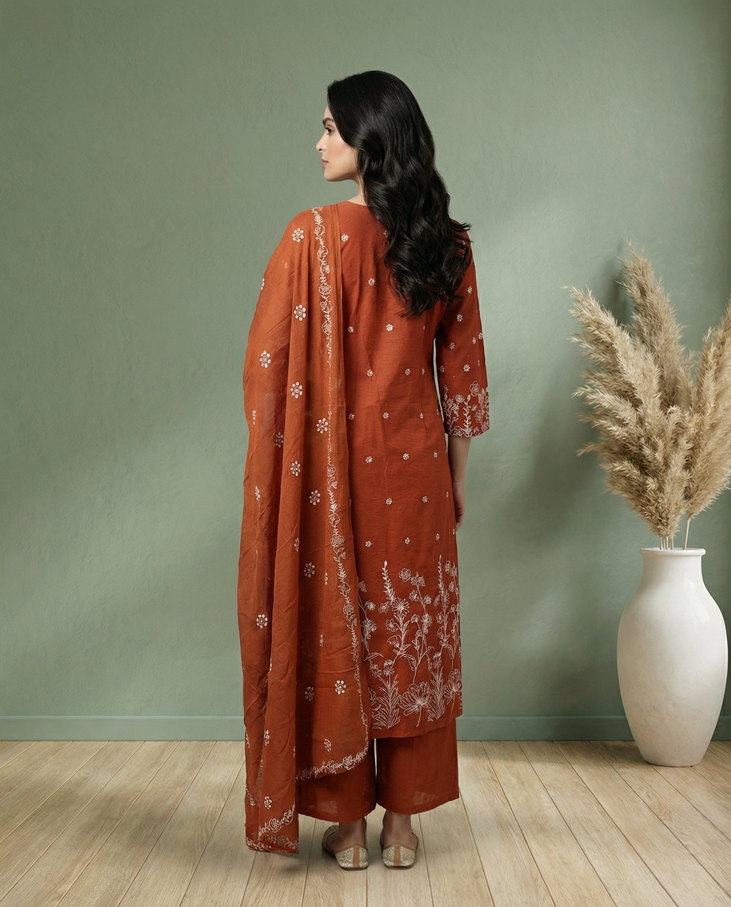 Rust Orange Floral Embroidered A-Line Kurta with Palazzo & Dupatta Set