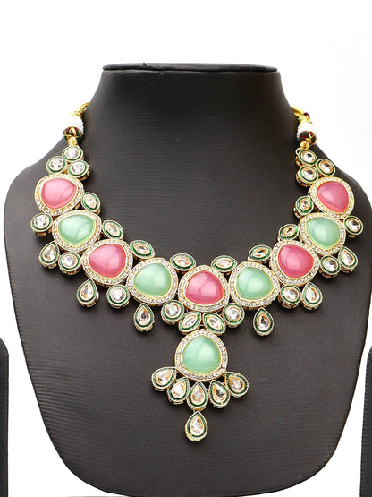 Mint Green and Pink Kundan Polki Necklace with Earrings and Mang Tikka