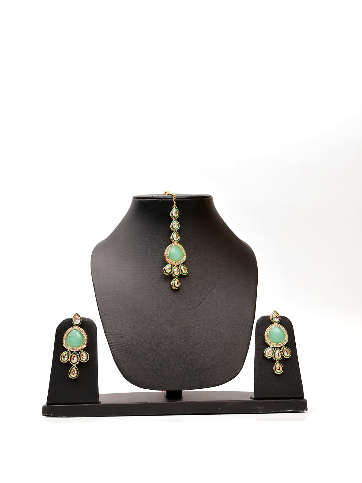 Mint Green and Pink Kundan Polki Necklace with Earrings and Mang Tikka