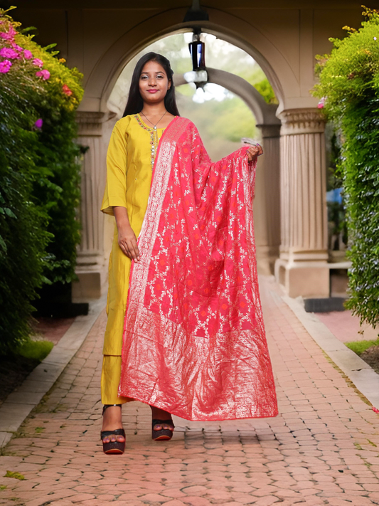 Women's Cotton Kurta-Pant, and Dupatta Set