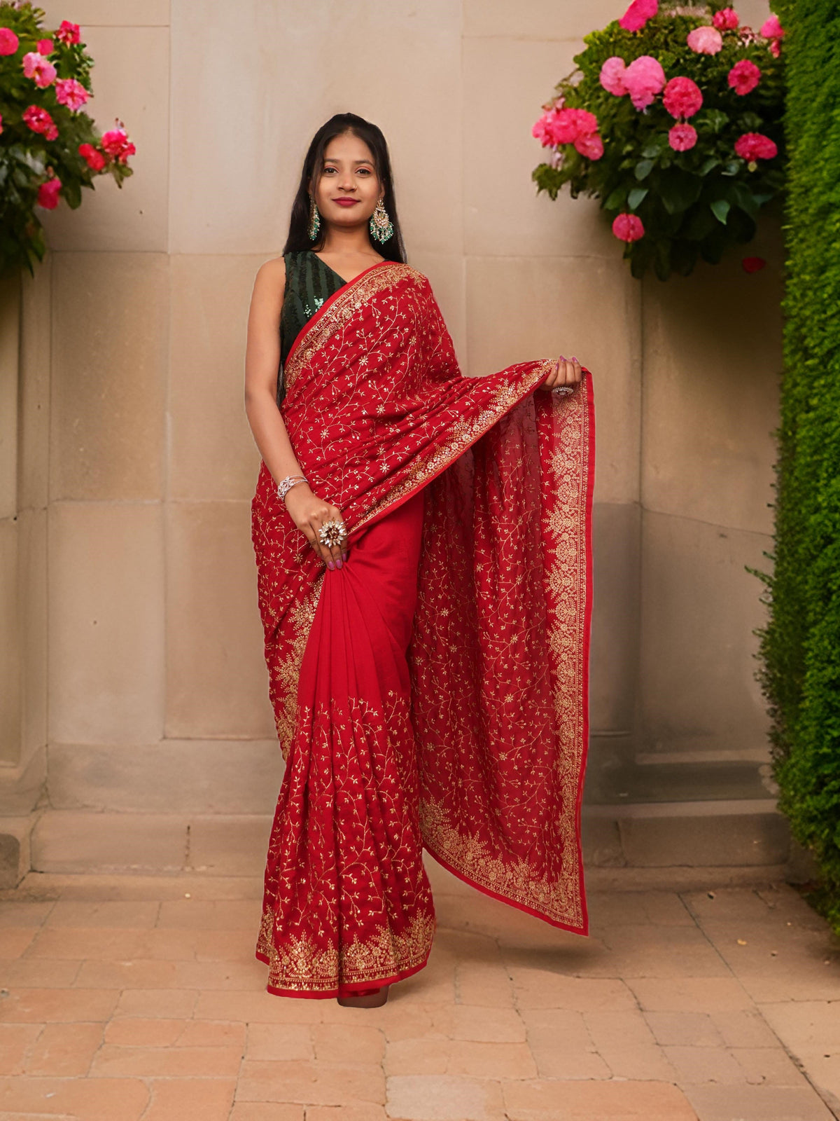 Designer Saree with Kundan & Embroidery Work by Shreekama