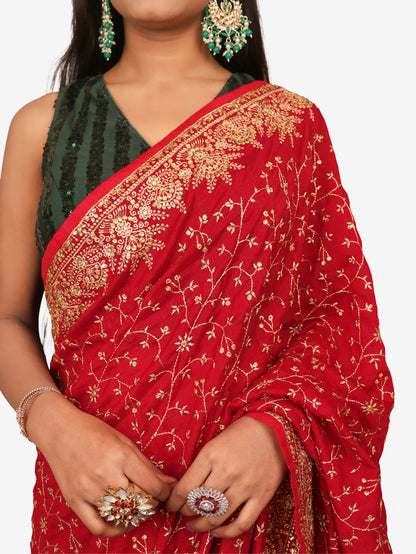 Designer Saree with Kundan & Embroidery Work by Shreekama