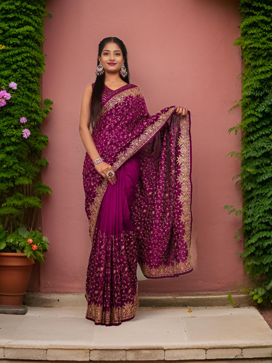 Designer Saree with Kundan & Embroidery Work by Shreekama