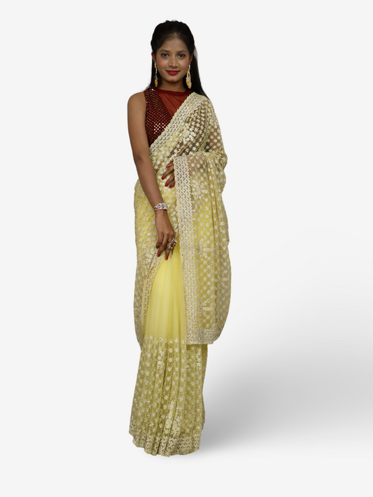 Stunning Lemon Yellow Soft Net Fabric Saree for Women by Shreekama