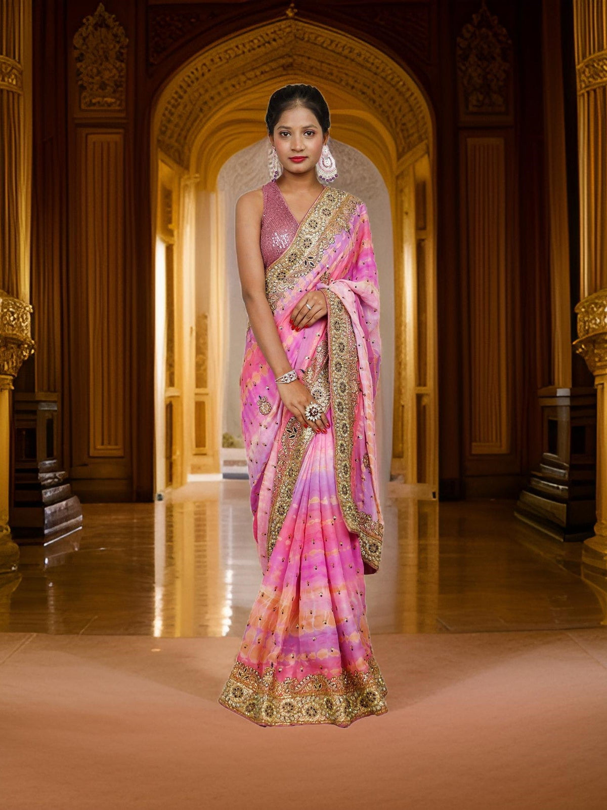 Designer Saree with Kundan & Cut Dana Work by Shreekama