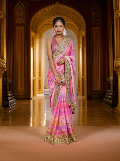 Designer Saree with Kundan & Cut Dana Work by Shreekama