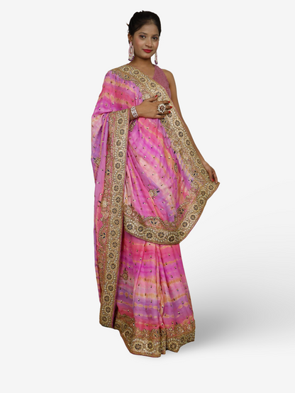 Designer Saree with Kundan & Cut Dana Work by Shreekama