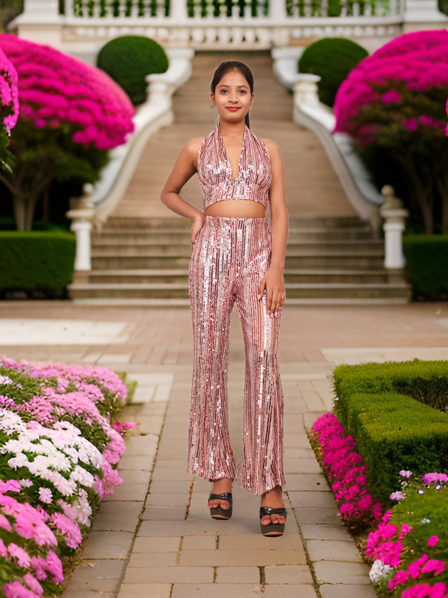 Glamour Halter Neck Sequins Bodycon Co-Ord Set by Shreekama