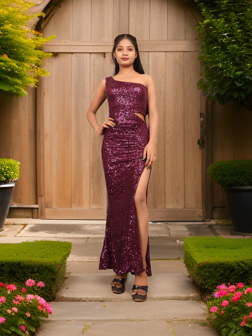 Wine Sequins One-Shoulder Maxi Party Dress by Shreekama