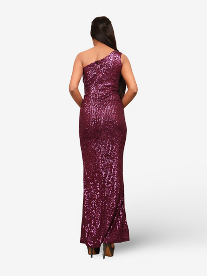 Wine Sequins One-Shoulder Maxi Party Dress by Shreekama