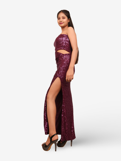 Wine Sequins One-Shoulder Maxi Party Dress by Shreekama