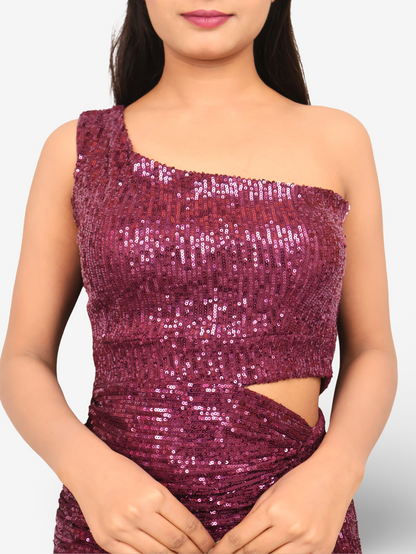Wine Sequins One-Shoulder Maxi Party Dress by Shreekama