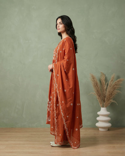 Rust Orange Floral Embroidered A-Line Kurta with Palazzo & Dupatta Set