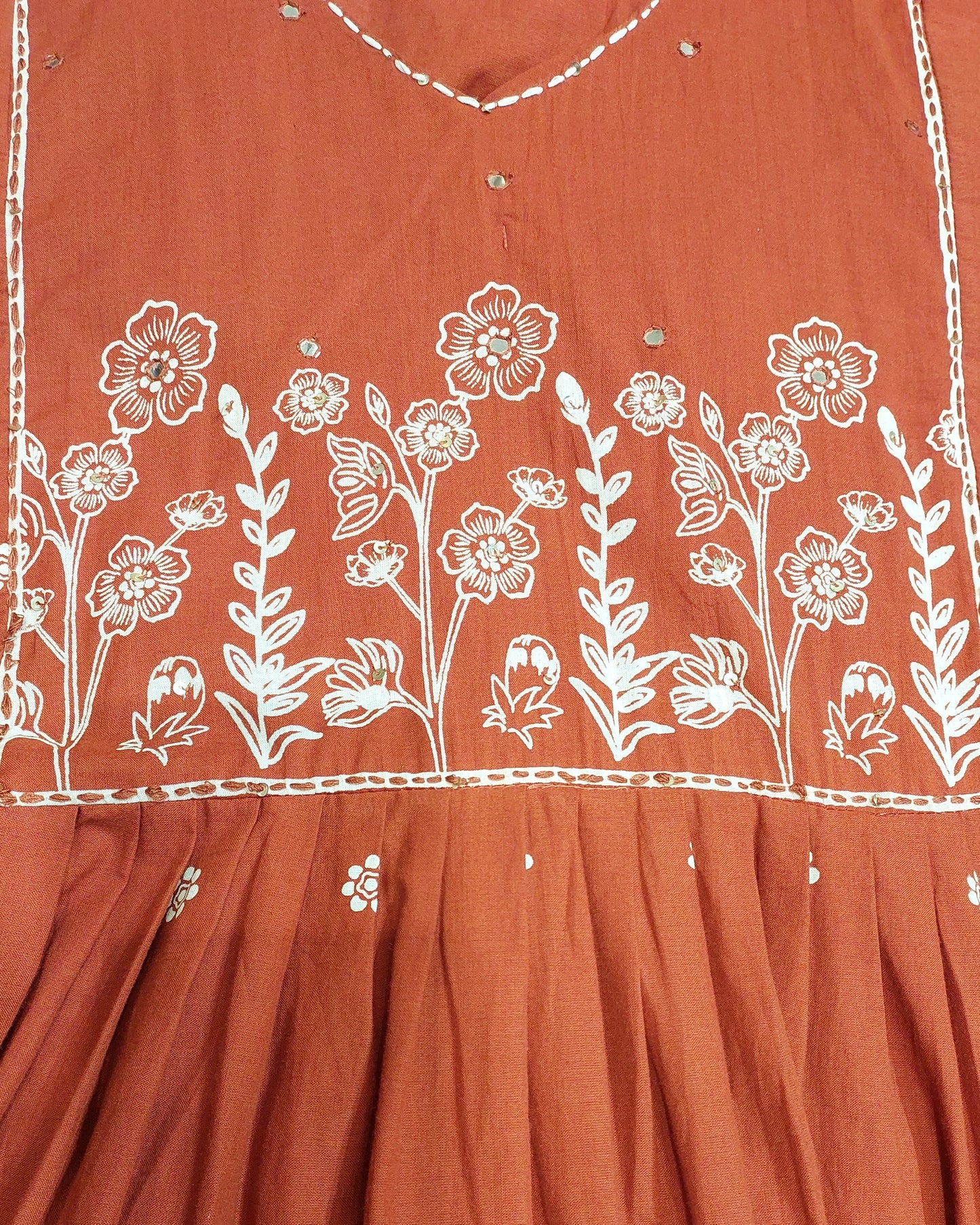 Rust Orange Floral Embroidered A-Line Kurta with Palazzo & Dupatta Set