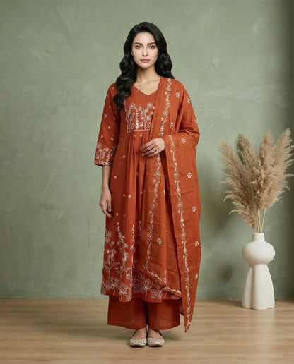 Rust Orange Floral Embroidered A-Line Kurta with Palazzo & Dupatta Set