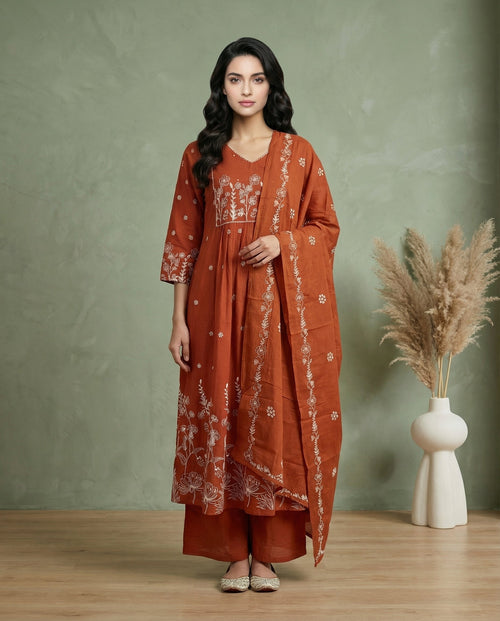 Rust Orange Floral Embroidered A-Line Kurta with Palazzo & Dupatta Set
