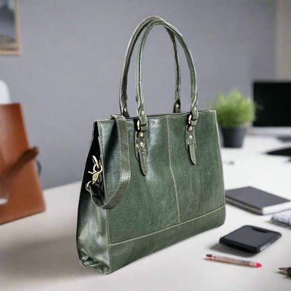 The Signature 17" Leather Laptop Bag, Olive Green