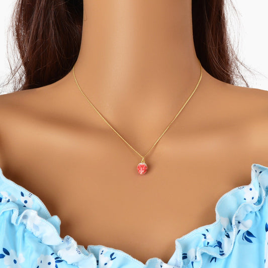 Y2k Gold Chain Red Strawberry Enamel Pendant Necklace Beautiful Fruit Jewellery