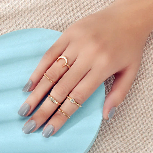 5pcs Fashion Rhinestone Decor Gold Metal Moon Midi Finger Knuckle Rings Set Band