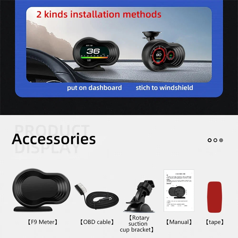 OBD2 Car HUD F9 Digital Head Up Display with Smart Alarm Black