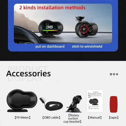 OBD2 Car HUD F9 Digital Head Up Display with Smart Alarm Black